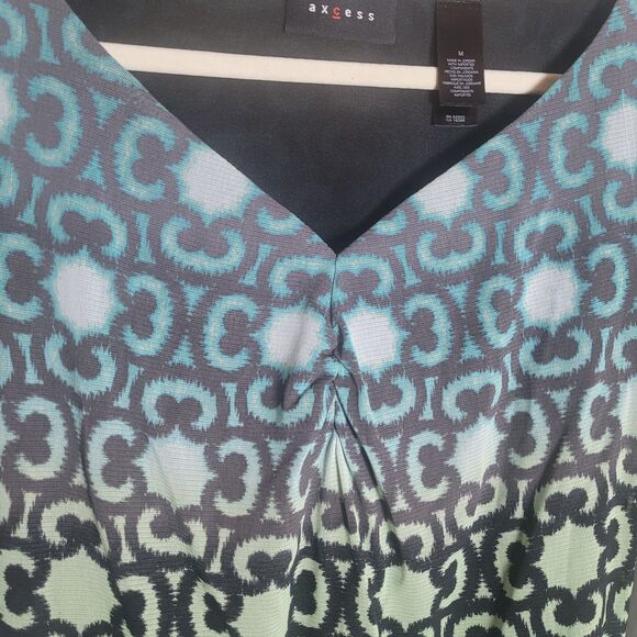 Axcess Y2K 3/4 Sleeve Top Women's Medium M Blue Green Geometric Sheer Lined - Picture 5 of 9